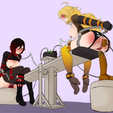 rwby, ruby rose, yang xiao long, my pet tentacle monster, anal, anal object insertion, angry, arms behind back, arms tied, big breast, blush, bondage, bondage gear, bound, bound arms