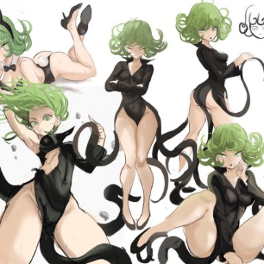 one-punch man, tatsumaki, neddup, rakeemspoon, 1girls, animal ears, ass, black bow, black bowtie, black dress, black footwear, black leotard, black neckwear, bow, bowtie