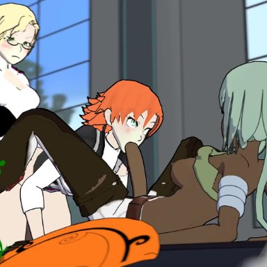 rooster teeth, rwby, emerald sustrai, glynda goodwitch, nora valkyrie, sfmslayer, 2futas, anus, ass, blonde hair, breasts, clothed sex, cum, cum in mouth, cum in pussy