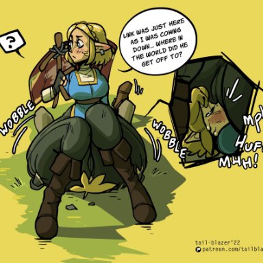 tears of the kingdom, the legend of zelda, link, zelda (breath of the wild), tail-blazer, 1boy, ass, big ass, big butt, blonde hair, blush, breasts, facesitting, fat ass, fat butt