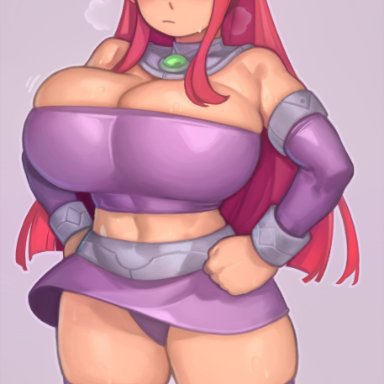 dc, dc comics, teen titans, starfire, kelvin hiu, 1girls, alien, alien girl, blush, breasts, clothed, crop top, female, green eyes, hand on hip