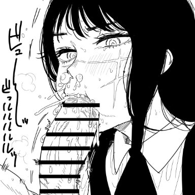 chainsaw man, mitaka asa, yoru (chainsaw man), kaiman garupan, angry face, big penis, black hair, blowjob, blush, blushing, bowtie, cock hungry, cum, cum bubble, cum in mouth