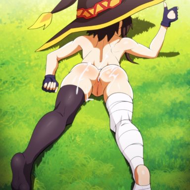 megumin, pumpkinsinclair, after anal, after sex, anus, ass, asymmetrical legwear, back, bandaged leg, bandages, black thighhighs, brown hair, cum, cum in ass, cum on ass