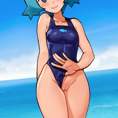 pokemon, lana (pokemon), loodncrood, 1girls, aged up, blue eyes, blue hair, breasts, eye contact, female, female only, looking at viewer, mob face, pussy, short hair