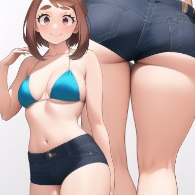 boku no hero academia, ochako uraraka, nai diffusion, stable diffusion, ai-generated, bare arms, bikini, bikini top only, blue bikini, blush, breasts, brown eyes, brown hair, closed mouth, collarbone