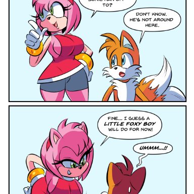 sega, sonic (series), sonic the hedgehog (series), amy rose, tails, glassfish, 1boy, 1girls, anthro, big breasts, bike shorts, cleavage, eye contact, female, femdom