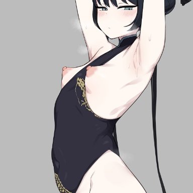 blue archive, kisaki (blue archive), cham22, chamchami, armpits, arms behind head, bangs, black gloves, black hair, blue eyes, blush, breasts, breasts out, china dress, chinese clothes