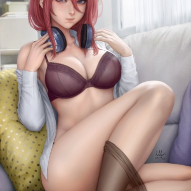 go-toubun no hanayome, nakano miku, sciamano240, 1girls, barefoot, big breasts, black legwear, black pantyhose, blue eyes, blush, bra, breasts, chest, cleavage, cute