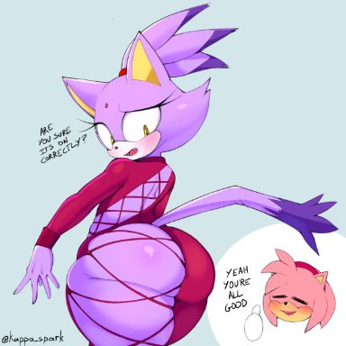 sega, sonic (series), sonic the hedgehog (series), amy rose, blaze the cat, kappa spark, anthro, ass, blush, closed eyes, eulipotyphlan, female, fingers, hedgehog, mammal