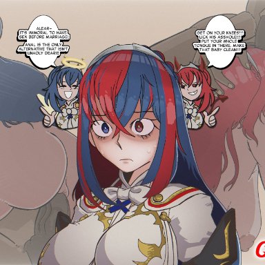 fire emblem, fire emblem engage, nintendo, alear (female) (fire emblem), alear (fire emblem), coombrain15, 1boy, 3girls, alternate hairstyle, anal, anal sex, areolae, ass, balls, big breasts