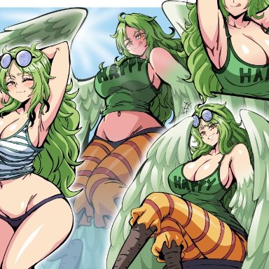 one piece, monet (one piece), lewdamone, armpits, arms up, blush, breasts, cleavage, clothes writing, crop top, feathered wings, feathers, female, glasses, green hair