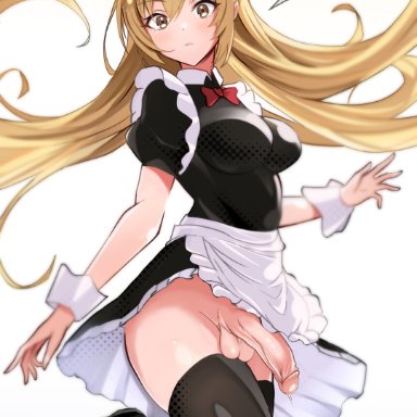 original, yoshiwo senpai, !, 1futa, balls, bangs, big penis, black dress, black footwear, black thighhighs, blonde hair, bottomless, bow, bowtie, breasts