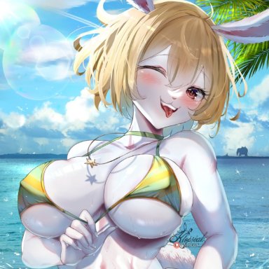 one piece, carrot (one piece), klopsiak, ahoge, anthro, bangs, bare shoulders, beach, bikini, blonde hair, blush, breasts, bunny ears, bunny girl, cleavage