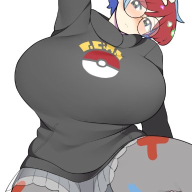 game freak, nintendo, pokemon, pokemon (game), pokemon sv, penny (pokemon), bellupup, 1girls, alternate breast size, big breasts, blue hair, boobs, breast expansion, breasts, busty