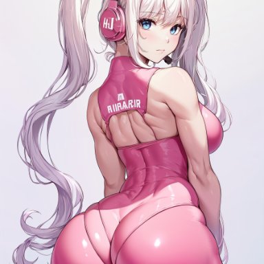 goddess of victory: nikke, alice (nikke), alternate costume, ass, ass focus, bare shoulders, blue eyes, blush, bodysuit, breasts, female, from behind, gloves, headphones, huge ass