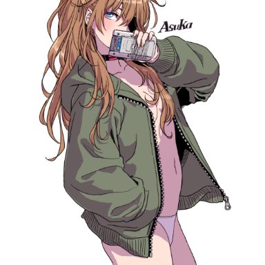 game boy, neon genesis evangelion, rebuild of evangelion, asuka langley sohryu, yamashita shun'ya, 1girls, blue eyes, blush, breasts, brown hair, choker, cleavage, eyepatch, jacket, light-skinned female