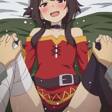 megumin, tomu (tomubobu), 1boy, :d, bandaged leg, bandages, bare shoulders, black collar, black panties, black thighhighs, blush, clothed sex, clothing aside, collar, collarbone