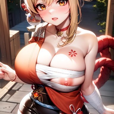 genshin impact, yoimiya (genshin impact), nai diffusion, stable diffusion, 1girls, bandage, blonde hair, blush, breasts, busty, choker, huge breasts, japanese clothes, kimono, looking at viewer