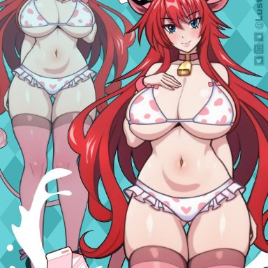 high school dxd, rias gremory, lustypix, 1girls, big breasts, blue eyes, blush, cow ears, cow girl, cow horns, cow print, cow print bikini, cow tail, fake horns, female