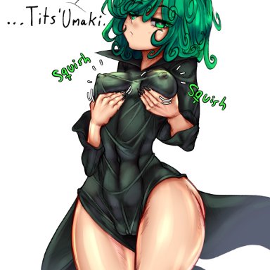 one-punch man, tatsumaki, yackyfishboner (artist), 1girls, abs, big hips, breast grab, breasts, fingernails, green eyes, green hair, looking at viewer, nail polish, nipples, simple background