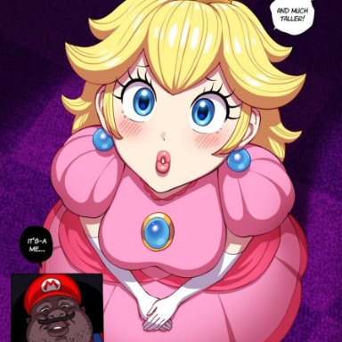 mario (series), edp445, mario (cosplay), princess peach, fellatrix, 1boy, 1girls, blonde hair, blue eyes, clothed, clothing, crown, dark-skinned male, dark skin, dress