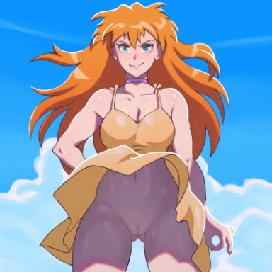 neon genesis evangelion, asuka langley sohryu, ronmeruart, blue eyes, choker, dress, going commando, no panties, ok sign, orange hair, wardrobe malfunction, wind lift