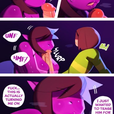 deltarune, undertale (series), kris (deltarune), susie (deltarune), svarzye, 5 fingers, anthro, big breasts, bodily fluids, bottomwear, breasts, clothing, duo, ellipsis, exclamation point