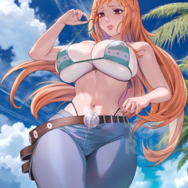 one piece, nami, arttoru, 1girls, bikini, blush, breasts, embarrassed, female, hips, huge breasts, jeans, light-skinned female, light skin, long hair