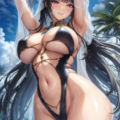 original, original character, ai love higokko, holaraai, stable diffusion, 1girls, armpits, blush, breasts, bride, brown hair, female, huge breasts, light-skinned female, light skin