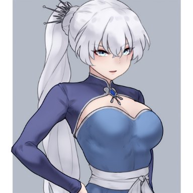 rwby, weiss schnee, bluefield, 1girls, big breasts, blue dress, blue eyes, breasts, cleavage, parted lips, ponytail, sash, scar, scar across eye, shrug (clothing)