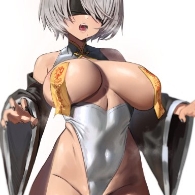 nier, nier: automata, yorha 2b, anima (togashi), 1girls, android, android girl, blindfold, breast curtains, breasts, female, hat, hips, huge breasts, jiangshi