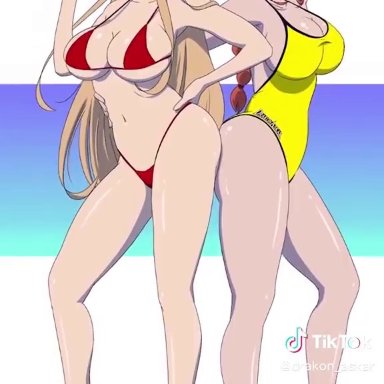 chainsaw man, tiktok, hayakawa aki, makima (chainsaw man), power (chainsaw man), drakonaskar, 1boy, 2girls, bikini, bouncing breasts, chainsaw, large ass, large breasts, posing, undressing