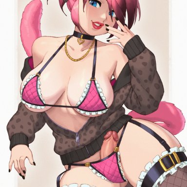 final fantasy, final fantasy xiv, miqo'te, zephyr winds, rizdraws, 1futa, animal ears, asymmetrical hair, big breasts, big penis, breasts, cat ears, cat tail, catgirl, clothed