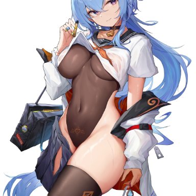 genshin impact, ganyu (genshin impact), kiriko (araragikoyomi), 1girls, ahoge, alternate costume, arm at side, bag, bangs, bell, black bag, black choker, black skirt, blue hair, bodystocking