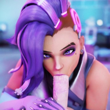 blizzard entertainment, overwatch, overwatch 2, sombra, rwt4184, 1boy, 1girls, armwear, balls, birthmark, blowjob, blowjob face, clothed, clothing, dark-skinned female