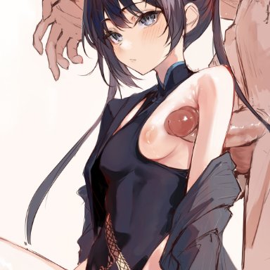 blue archive, kisaki (blue archive), naokomama, 1boy, armpit sex, black dress, black hair, braid, braided bun, breasts, butterfly hair ornament, china dress, chinese clothes, closed mouth, clothed female nude male