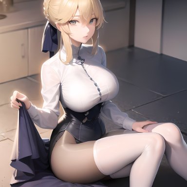 fate (series), artoria pendragon, stable diffusion, 1girls, ai generated, big breasts, breasts, bow, blonde hair, female, stockings, legwear, skirt, shirt, white shirt