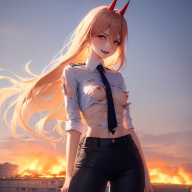 chainsaw man, power (chainsaw man), 1girls, blonde hair, breasts, breasts out, devil horns, horns, navel, nude, nude female, office clothing, office lady, open mouth, red horns