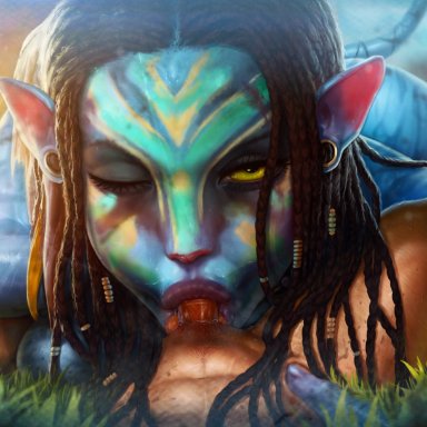 avatar: the way of water, james cameron's avatar, na'vi, neytiri, jojobanks, alien, alien girl, angry, anthro, athletic female, ball suck, big lips, blowjob, blue skin, facepaint