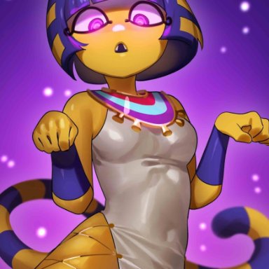 animal crossing, nintendo, ankha, taihen (artist), 1girls, accessories, accessory, anthro, bare shoulders, belly, belly button, blue hair, bowl cut, cat ears, cat tail