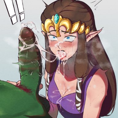 the legend of zelda, twilight princess, ganondorf, princess zelda, zelda (twilight princess), hentaly, after fellatio, after oral, after sex, big penis, blue eyes, breasts, broken rape victim, brown hair, cleavage