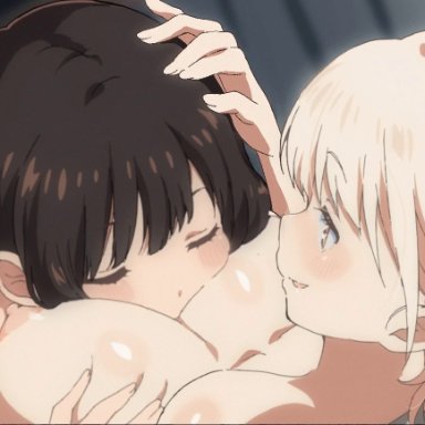 lycoris recoil, inoue takina, nishikigi chisato, or2 (sahr7857), 2girls, blinking, blonde hair, blush, breast grab, breast smother, breasts, breathing, brown hair, closed eyes, completely nude