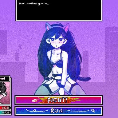 omori, mari (omori), omori (character), tomthefool, 1boy, 1girls, big sister, blush, brother and sister, cat ears, cat tail, catgirl, flustered, game, imminent incest