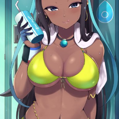 nintendo, pokemon, pokemon ss, nessa (pokemon), kasai shin, 1girls, bikini, black hair, blue eyes, breasts, brown skin, cleavage, dark-skinned female, dark skin, female