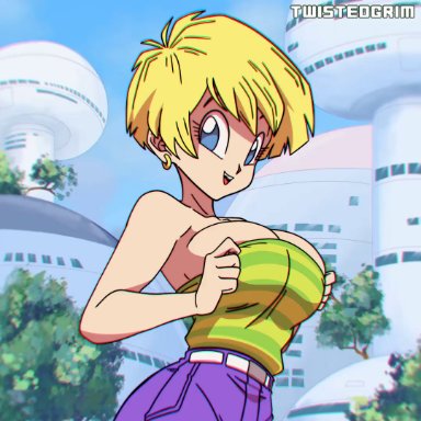 dragon ball z, erasa, twistedgrim, big breasts, blue eyes, bouncing breasts, exhibitionism, medium hair, nipples, no bra, smile, solo female, animated, high resolution, no sound