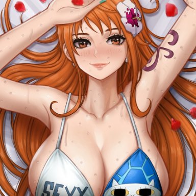 one piece, one piece film gold, nami, kyopink, 1girls, big breasts, bikini, bikini top, breasts, brown eyes, cleavage, female, female only, flower, flower in hair