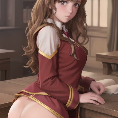 harry potter, hermione granger, airest, stable diffusion, ass, blush, brown eyes, brown hair, classroom, gryffindor, jacket, no panties, partially clothed, school uniform, schoolgirl