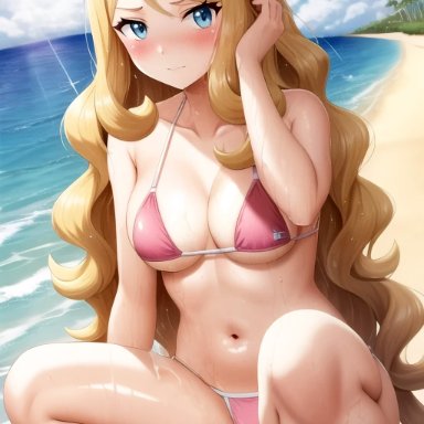 nintendo, pokemon, serena (pokemon), nai diffusion, stable diffusion, beach, belly button, bikini, blonde hair, blue eyes, blushing, blushing at viewer, covered in water, crouching, feet