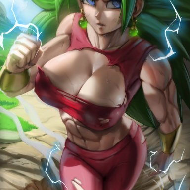 dragon ball, dragon ball super, kefla, elitenappa, 1girls, abs, biceps, big breasts, blue eyes, breasts, cleavage, clothing, ear piercing, earrings, female