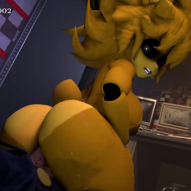 fazclaire's nightclub, five nights at freddy's, fredina's nightclub, frenni fazclaire, golden freddy (fnaf), type 0, hotstuff, ghost, male/female, on top, riding, yellow fur, 3d, animated, mp4